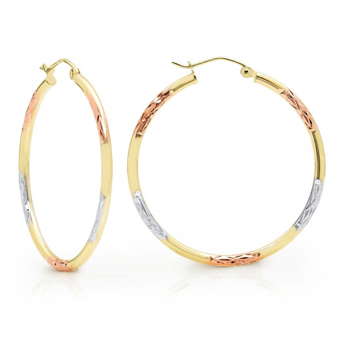 14k Gold Tri-Color Cut Hoop Earrings